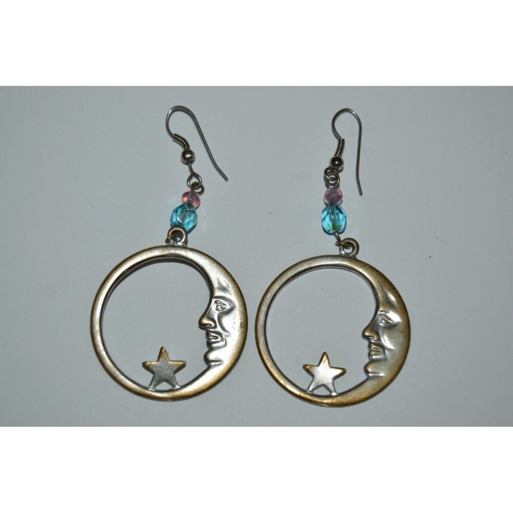 Vintage See Through MOON w/ Star Women's Silver Plated Brass Pair of Earrings